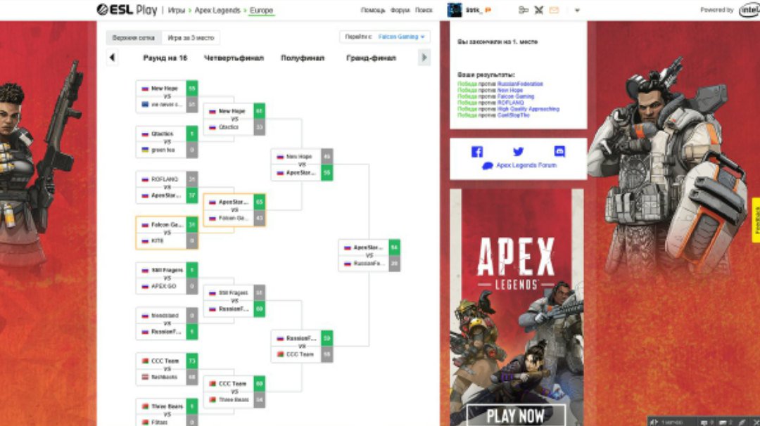 stikinson's tweet photo. Stikinson and his team went to the ESL tournament
Apex Legends (PC) 3on3 Open Cup # 1 Russia and the CIS won the tournament and took 1st place. Thank you all for participating. And a special thank you to the viewers for their support https://t.co/7sT1TY59n8