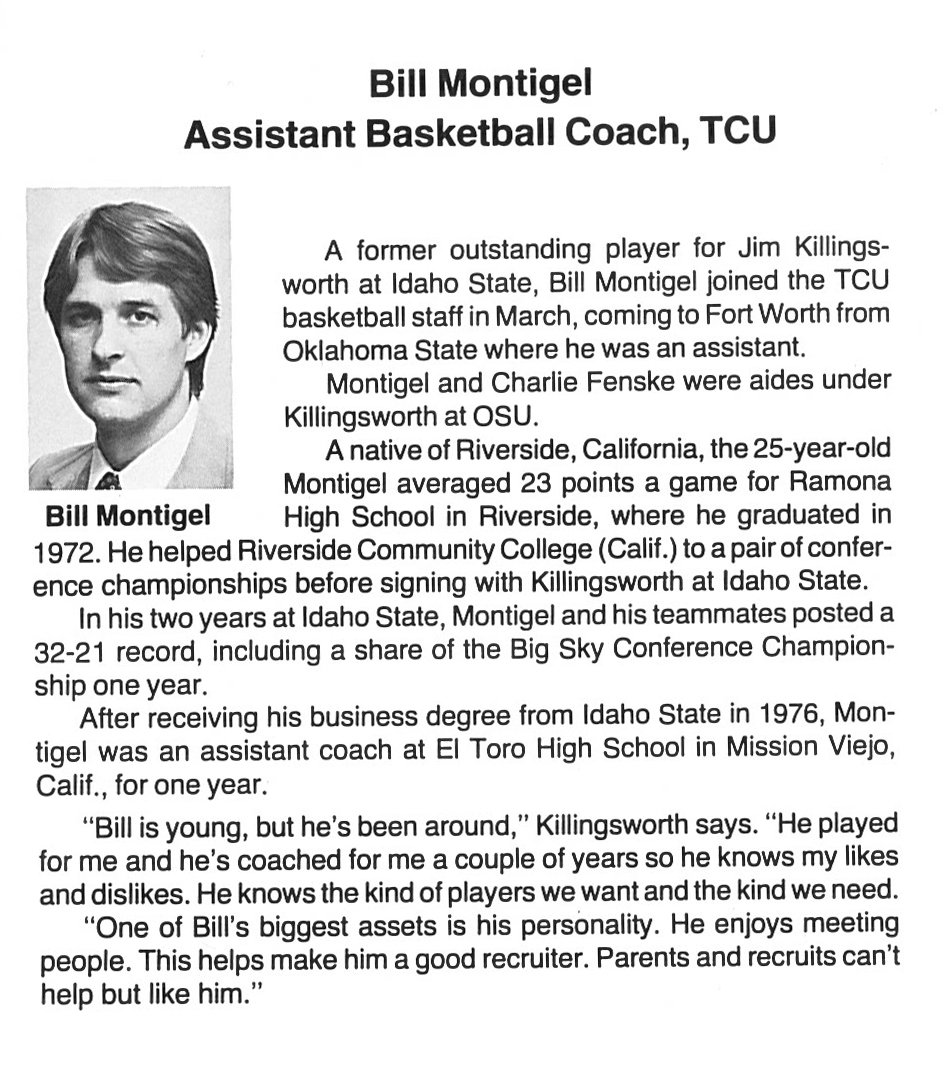 40 years ago today, this young man from California was hired as an assistant basketball coach. This was his first bio as printed in the 1979-80 <a href="/TCUBasketball/">TCU Men's Basketball</a> media guide. #GoFrogs