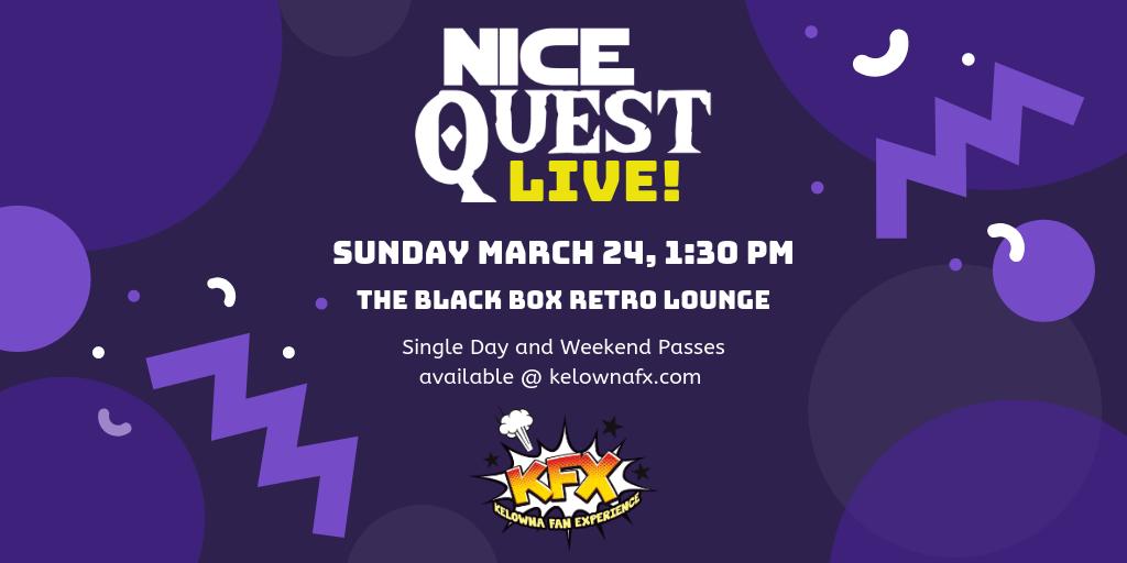 EXCITING ANNOUNCEMENT! Nice Quest will be doing our very first live show at KFX, <a href="/KelownaFanXpo/">Kelowna Fan Experience</a> Sunday March 24! The whole cast will be there for a non-canonical adventure featuring Freea, Magnar, Morag, Gnomie, Orchops... and of course Geoff the Sheep. #praisetiamat