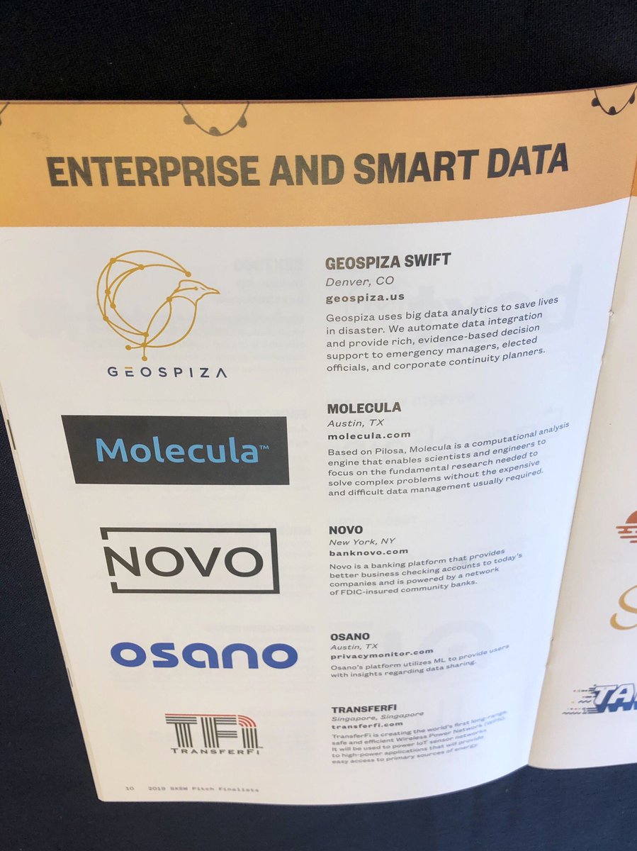 maycotte's tweet image. Come see @sarahking_atx and me present our new cloud service @molecula at #SXSWPitch today at the Hilton Austin Downtown (Salon DE, 4th floor) between 12:30p - 1:30p. We have some formidable competitors, @HelloGeospiza, @banknovo, @osano and @TransferFi! #StreamingAI