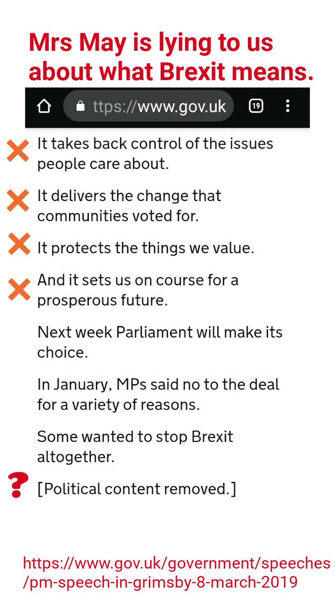 So, I read Mrs May's Grimsby speech. Here are some notes.Mrs May is lying to us.She May lie. This government cannot be trusted. #ToriesDontCare https://www.gov.uk/government/speeches/pm-speech-in-grimsby-8-march-2019 #CheckBrexit  #FinalSay