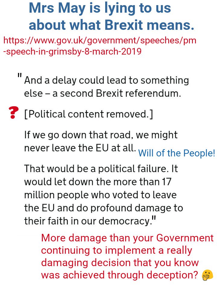 So, I read Mrs May's Grimsby speech. Here are some notes.Mrs May is lying to us.She May lie. This government cannot be trusted. #ToriesDontCare https://www.gov.uk/government/speeches/pm-speech-in-grimsby-8-march-2019 #CheckBrexit  #FinalSay