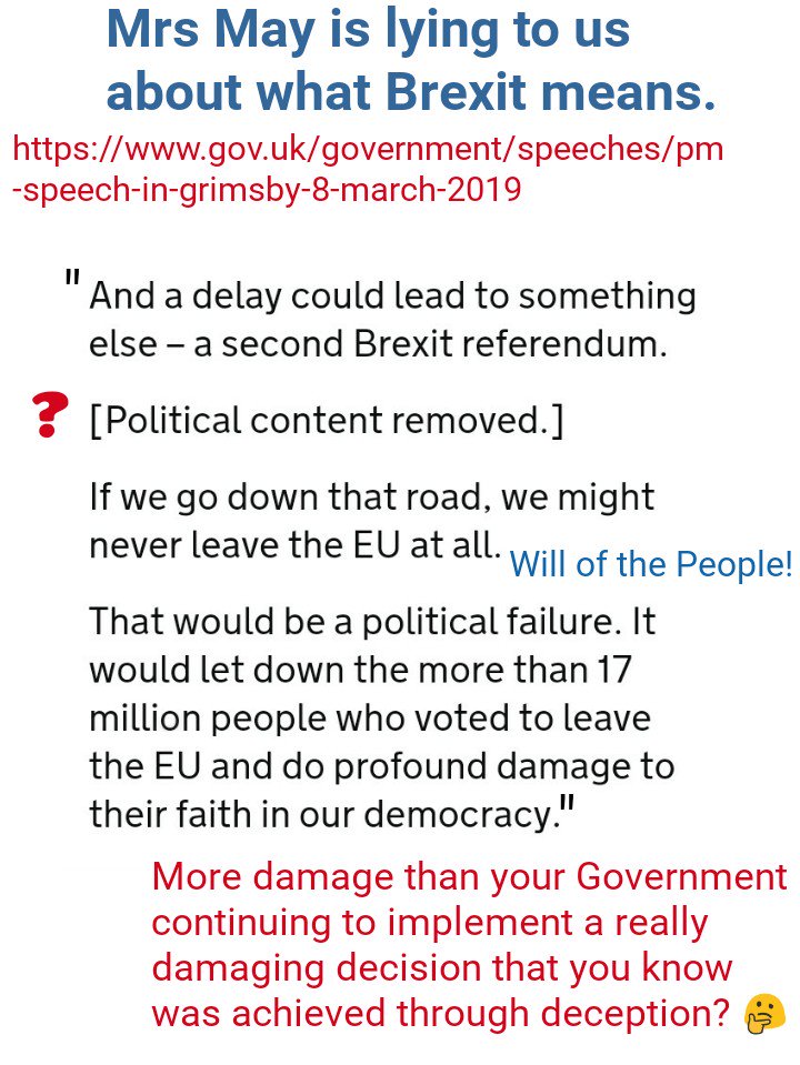 So, I read Mrs May's Grimsby speech. Here are some notes.Mrs May is lying to us.She May lie. This government cannot be trusted. #ToriesDontCare https://www.gov.uk/government/speeches/pm-speech-in-grimsby-8-march-2019 #CheckBrexit  #FinalSay