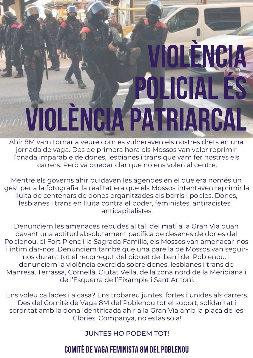 🔺COMUNICAT🔺
Ahir, milers de dones, lesbianes i trans vam prendre els carrers per reivindicar els nostres drets. I vam fer de la #VagaGeneralFeminista8M una jornada històrica, de nou!

Tot i això, la repressió i la violència policial van ser-hi presents des de primera hora.

 👇