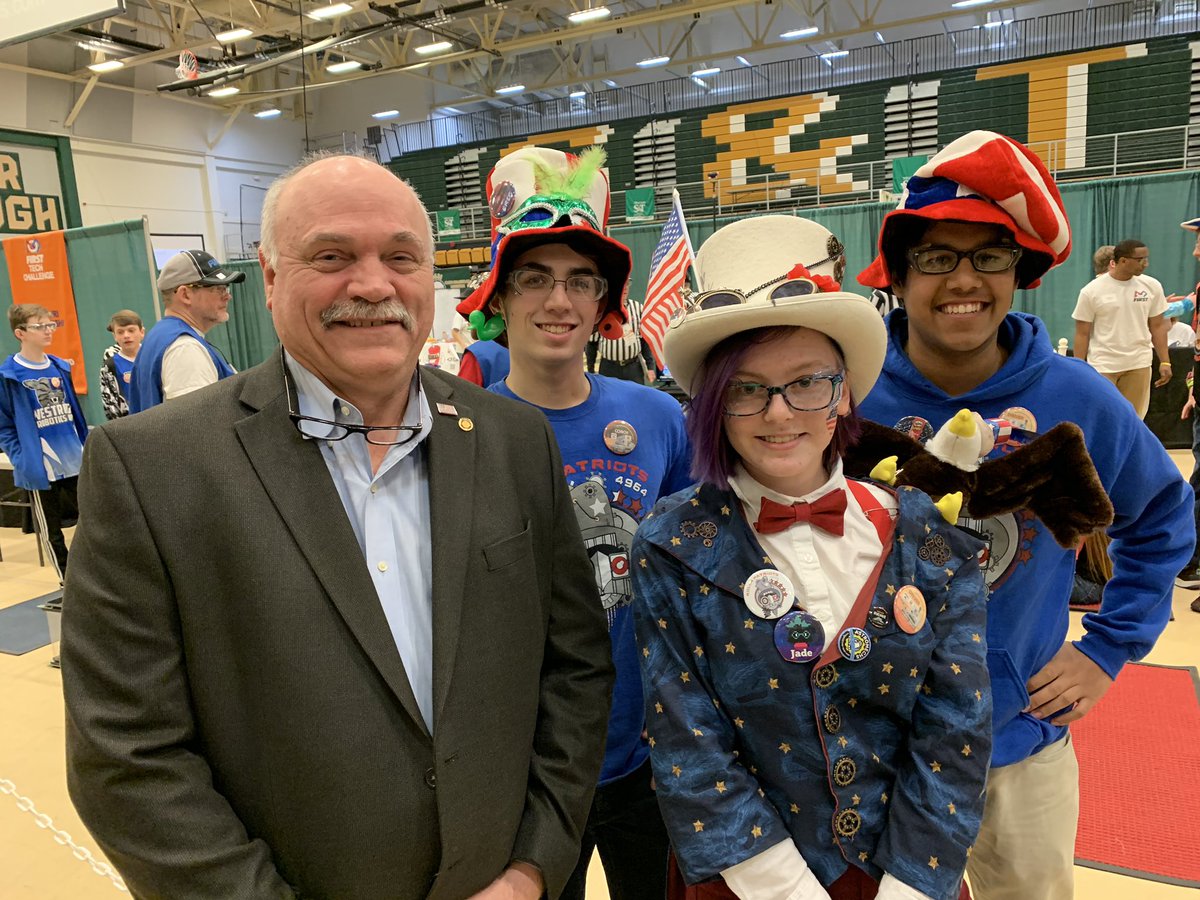 MissouriSandT's tweet photo. Great to see State Rep (and civil engineering alumnus) @donmayhew121 join us for today’s #FIRSTTechChallenge state competition! Here he is with the two @R31Official teams, Patriots and Maniacal Mechanics, right before opening ceremonies. #RoverRuckus https://t.co/1w6uZEUh20