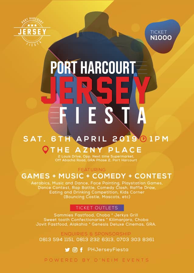 OwenmaryJ's tweet photo. Don't miss out on the Port Harcourt Jersey Fiesta this April. 

📍 >>>> Azny Place
🗓 >>>> April 6th
⏰ >>>> 1PM
🎟 >>>> 1K FLAT 

#PHJerseyFiesta @PHJerseyFiesta
For TICKETS, sponsorship and PARTNERSHIPS
 
08135941151
08132326313
08025103268 https://t.co/pbmH9Xh6Ix