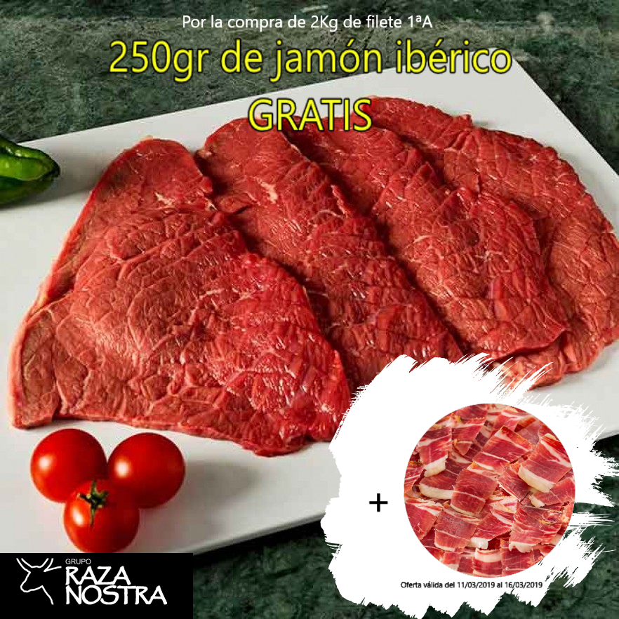¡Sólo esta semana! Por la compra de 2kg de filete 1ªA, 250gr de jamón ibérico GRATIS. Oferta disponible en nuestro establecimiento en el mercado de Chamartín y a través de nuestra propia página web