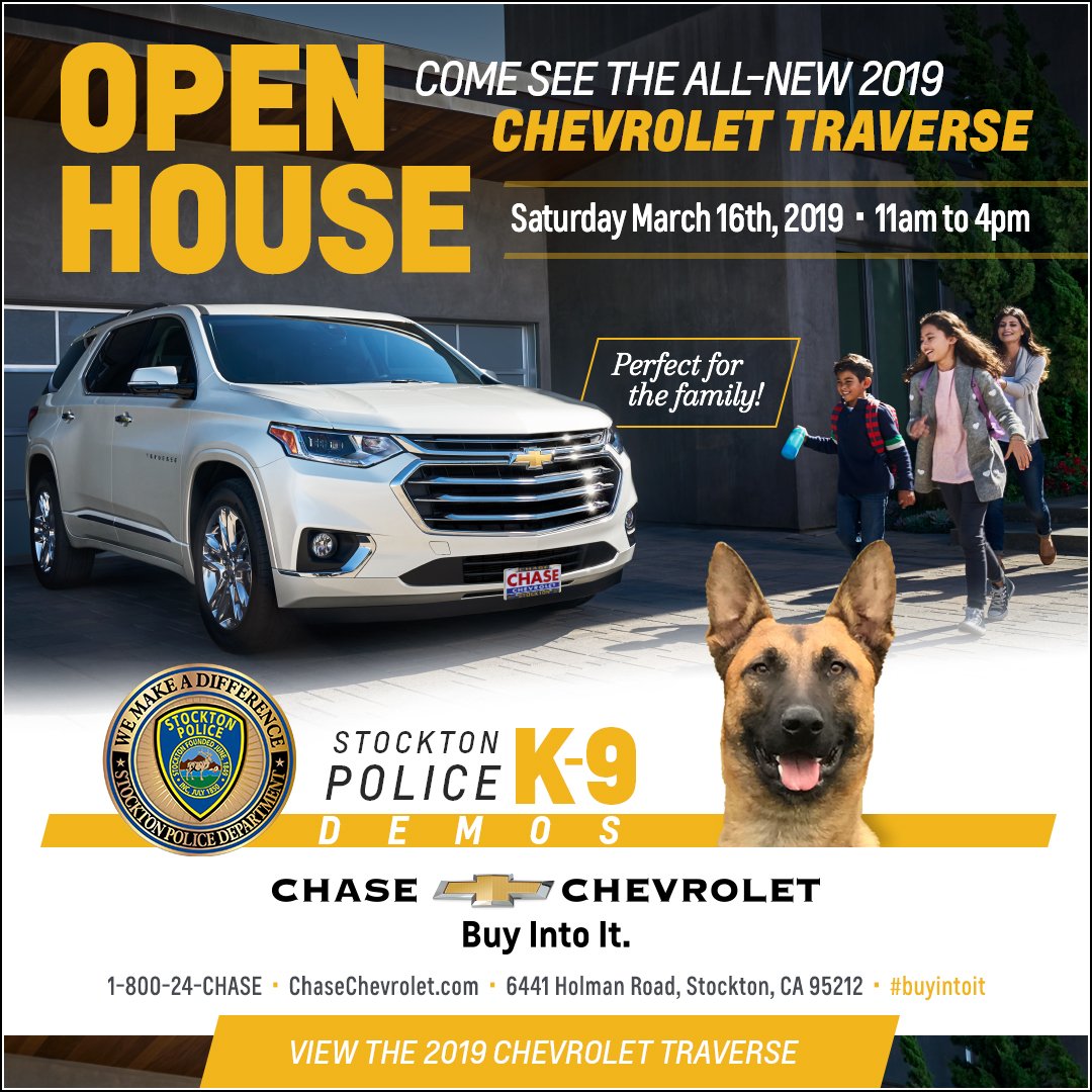 Chase Chevrolet (@chasechevrolet) on Twitter photo Come by the Dealership Sat 3/16 to check out the All-New ‘19 #Chevrolet #Traverse! See the all-new design, features, technology advancements+ answers to any questions you may have. <a href="/StocktonPolice/">Stockton Police Dept</a> K-9 demos, BBQ, + chances to win some cool raffle prizes! Come by the Dealership Sat 3/16 to check out the All-New ‘19 #Chevrolet #Traverse! See the all-new design, features, technology advancements+ answers to any questions you may have. <a href="/StocktonPolice/">Stockton Police Dept</a> K-9 demos, BBQ, + chances to win some cool raffle prizes!