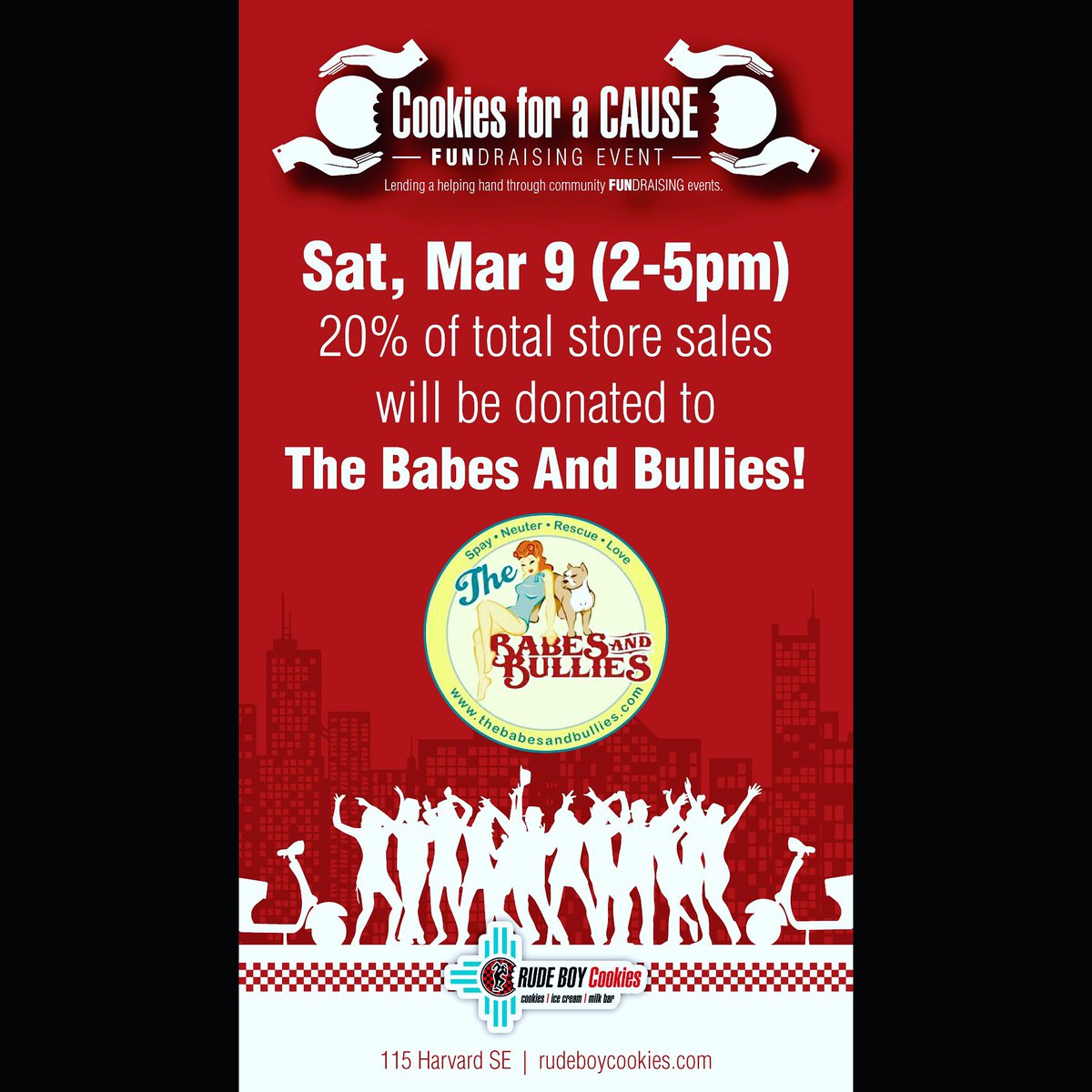 RudeBoyCookies's tweet photo. TODAY!
Cookies For A Cause to benefit Babes & Bullies.
2 pm - 5 pm. #babesandbullies
#cookiesforacause #cookiesandcommunity
#keepyourcookiesburque #albuquerquescookieshop #eatlocalcookies #havearudedayabq #allrude #rudenamecordialcookies https://t.co/B9enPkbm3U