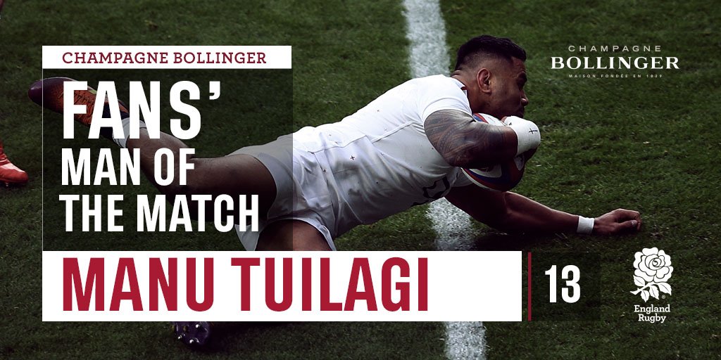 Your <a href="/BollingerUK/">Champagne Bollinger</a> Man of the Match is...

<a href="/Manutuilagi/">MTU</a> 👏

#ENGvITA