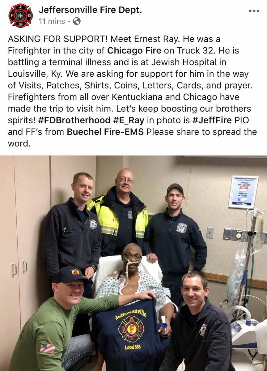 BuechelFireEMS's tweet photo. @JFDpio @PIOYuodis37 Members of @BuechelFireEMS stopped by to pay a visit to FF Ernest Ray, retired from Chicago Fire Truck Co. 32 as he battles illness here in Louisville. PLEASE do what you can to show support for FF Ray!
#IAFF3972 #IAFF558 #BuechelFireEMS #JeffCoFire #JeffersonvilleFire https://t.co/s431lQZiQL