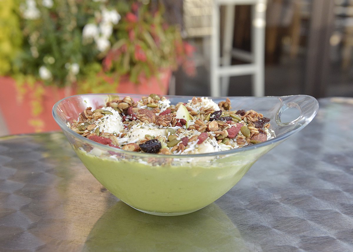 The Jungle Bowl. Topped with green apple, banana, goji berries, hemp seeds, coconut and granola. Our smoothie bowls make for a healthy, filling breakfast or bunch option - but they're always available to order so if a smoothie bowl for dinner is what you want - you do you! 😉