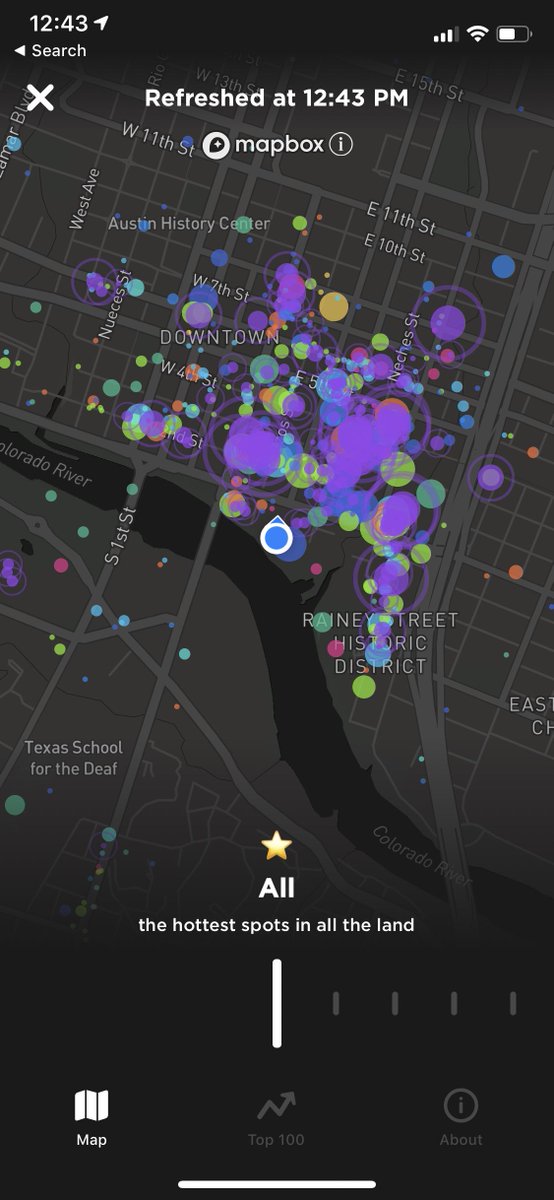adiebald's tweet photo. The heat is on at #SXSW2019 - with @Mapbox powered #FSQHypertrending. Nice one @lxbarth https://t.co/oTfwrkuiRc