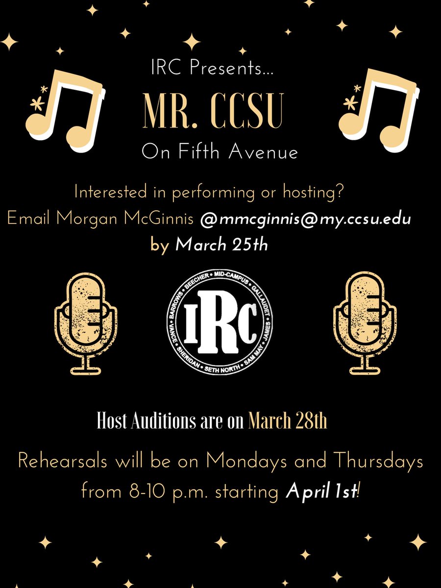 CCSUIRC's tweet photo. Think you have what it takes to be the next #MrCCSU ? 👑Ready to put on the greatest show?🎭🎤 Make sure to reach out if you want to perform or host before March 25th! https://t.co/5F4geF9TVi