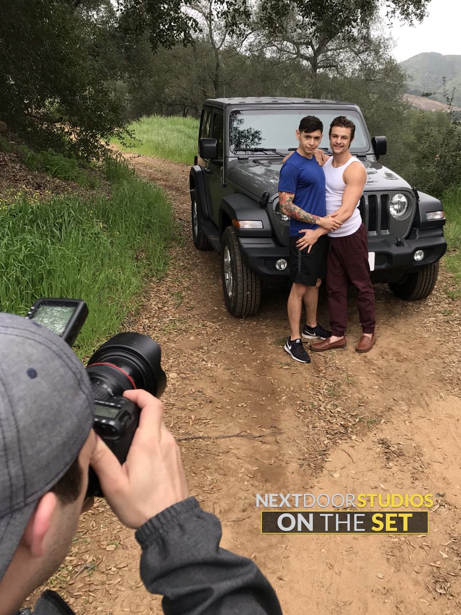 NextDoorStudios's tweet photo. Enjoying the great outdoors,with #CharliePattinson &amp; @JamieXXXSteel on the #NextDoorStudios set.

#NDSOnTheSet @RoccoFallonXXX #gayporn #gayrimming https://t.co/EAI5tUSlXY