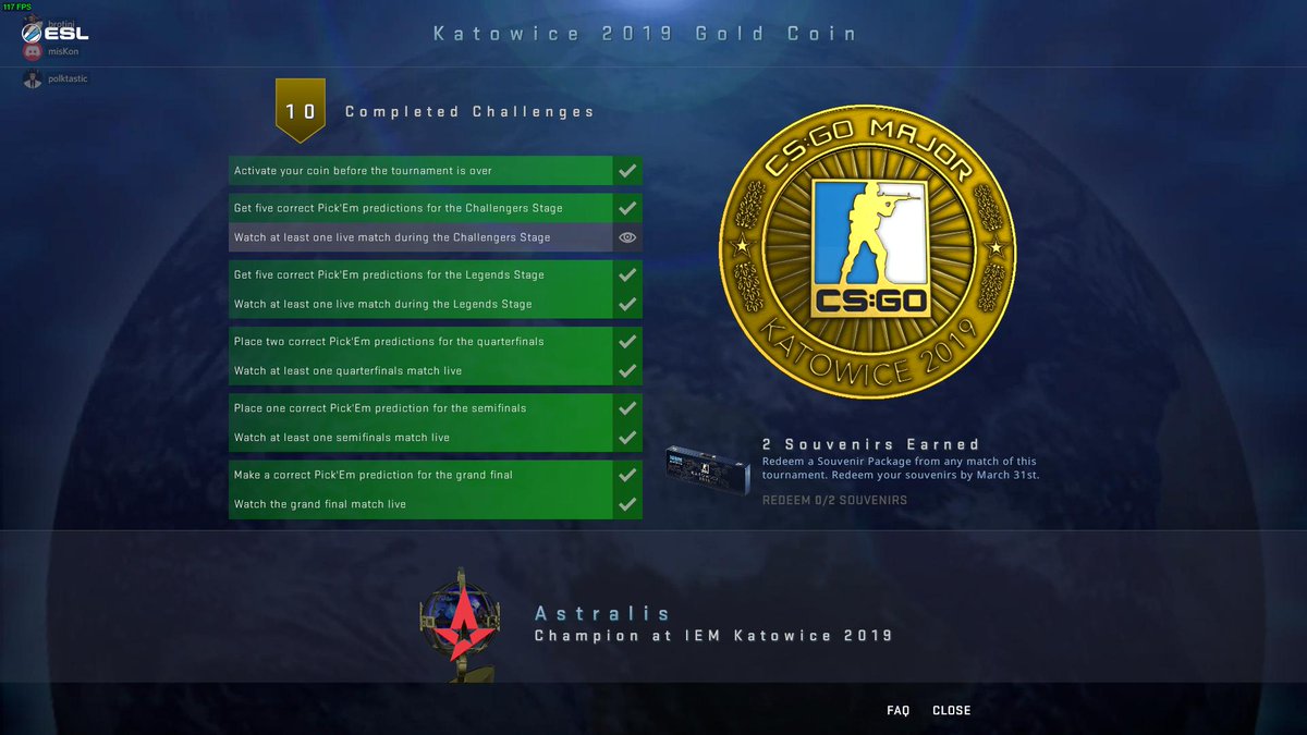 polktastic1's tweet photo. @csgo_dev I missed platinum because I didn't get credit for watching a live match during the challenger's stage https://t.co/i0DF43qKHm