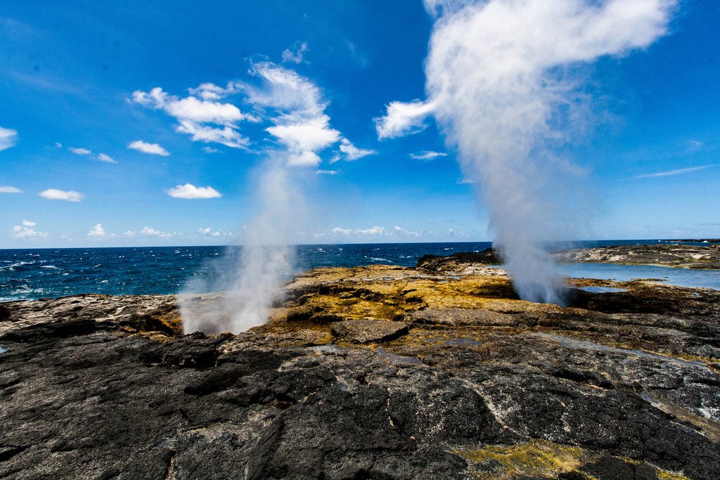 The impressive Alofaaga Blowholes can be found on the tropical island of Savaii, Samoa. The roaring jets of water are so powerful they can blast coconuts into the air, making for an impressive show.