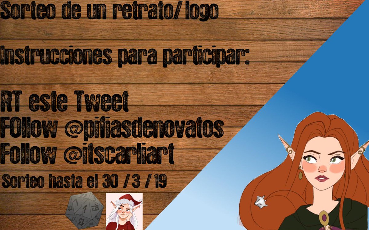¿Os apetece cambiar de avatar? ¿Necesitáis un retrato para un personaje de rol que acabáis de haceros? Nuevo sorteo con <a href="/itscarliart/">🌸Carli🌸✨Salon del Comic AR 104✨</a>. Haciendo RT y siguiéndonos a ambos/as, podréis ganar un retrato / logo dibujado por ella. Sorteo hasta el 30/3/19. Aviso: hay una meta de RTs ;)