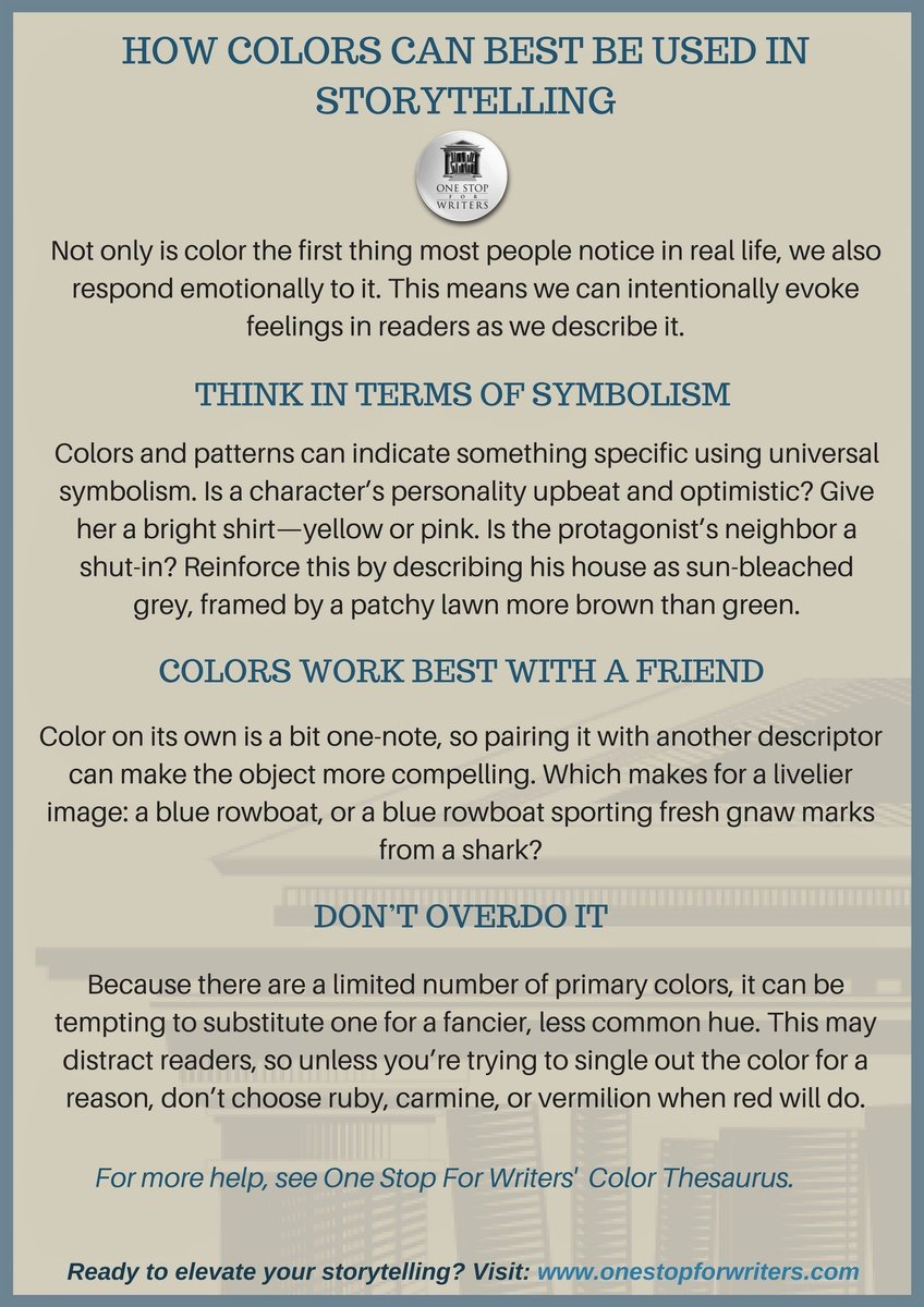 AngelaAckerman's tweet photo. Writing colors into your storytelling the right way can charge scenes with emotion. Did you know we have a database of description just for colors and patterns to help you? You can find it here: https://t.co/4eMUEhdTrG #writing #writetip https://t.co/4ekwv5Lcxd