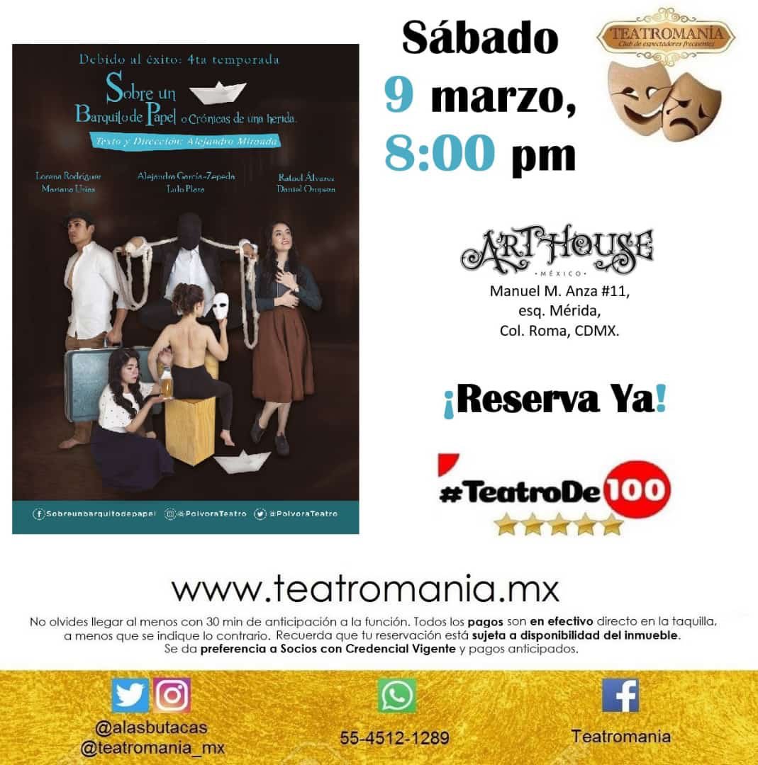 El #SábadoTeatral es para ir a disfrutar de la obra #SobreUnBarquitoDePapel en <a href="/arthousemexico/">Art House México</a>

De <a href="/PolvoraTeatro/">PólvoraTeatro</a>

Para que vivas esta experiencia en su 4a. Temporada tenemos boletos del #TeatroDe100 

Obtenlos respondiendo a este tuit con tu nombre completo y cuántos ocuparás