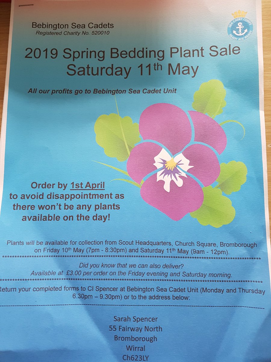 Cadets will be coming home on Monday with Order forms for our Bedding Plant Sale. All monies raised go to the unit to get supplies for our cadets. 
Money has to be sent in with the order forms before the 1st of April please Regards CI Spencer