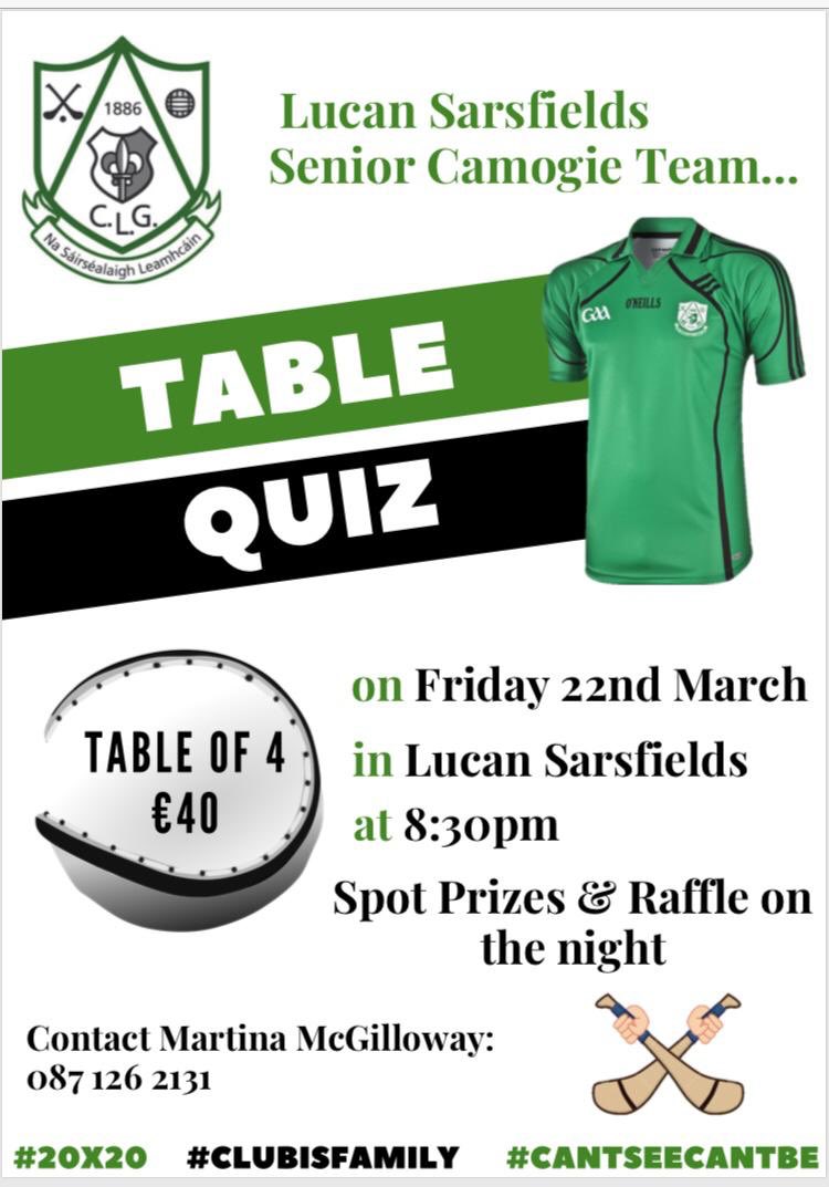 GAALucan's tweet photo. We’ve a great Table Quiz coming up as our Senior Camogie team prepare for their season with a bit of entertainment..Friday 22nd March 8:30pm..Support appreciated and welcome. #ClubisFamily #SupportYOURclub #fundraiser #CantSeeCantBe https://t.co/AG3u8vvL0x