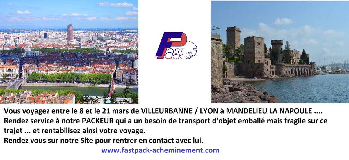 Vous allez rouler entre Villeurbanne / Lyon et Mandelieu la Napoule pour un déplacement professionnel / pour vos loisirs 
Profitez en pour rendre service à notre PACKER en lui proposant l'espace vide de votre véhicule. Vos frais routiers en seront allégés 
fastpack-acheminement.com