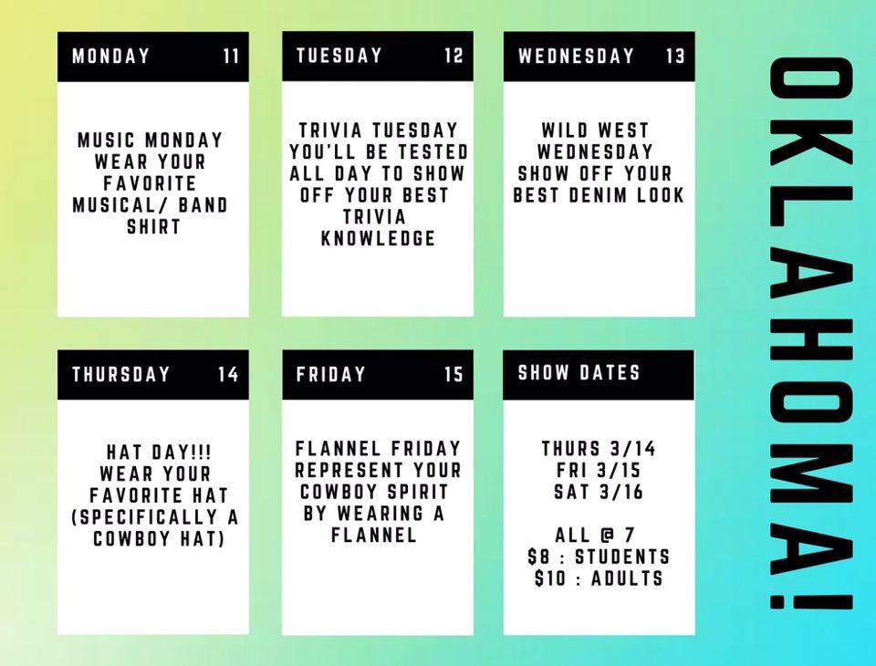 HSERaiderNation's tweet photo. High school East is proud to bring to you: Oklahoma! A High School East Production! The play will be held Thursday, Friday, and Saturday at 7pm. Here is this weeks spirit week in honor of the play! https://t.co/lwGPsoTubt