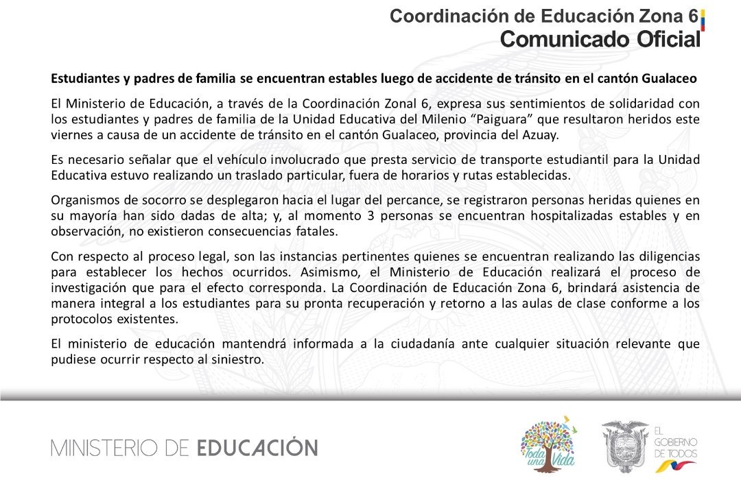 EducacionZ6_Ec's tweet photo. [COMUNICADO] La Coordinación de Educación Zona 6 informa a la ciudadanía sobre el accidente de tránsito ocurrido el día de ayer en el cantón Gualaceo. https://t.co/XYh5kKuGZF