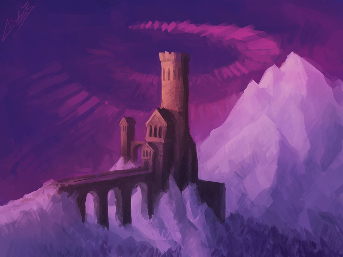 I kinda like the style I made my profile pic with so I doodled a bit and this is the result! #2dart #fantasy #landscape #mountains #castle
