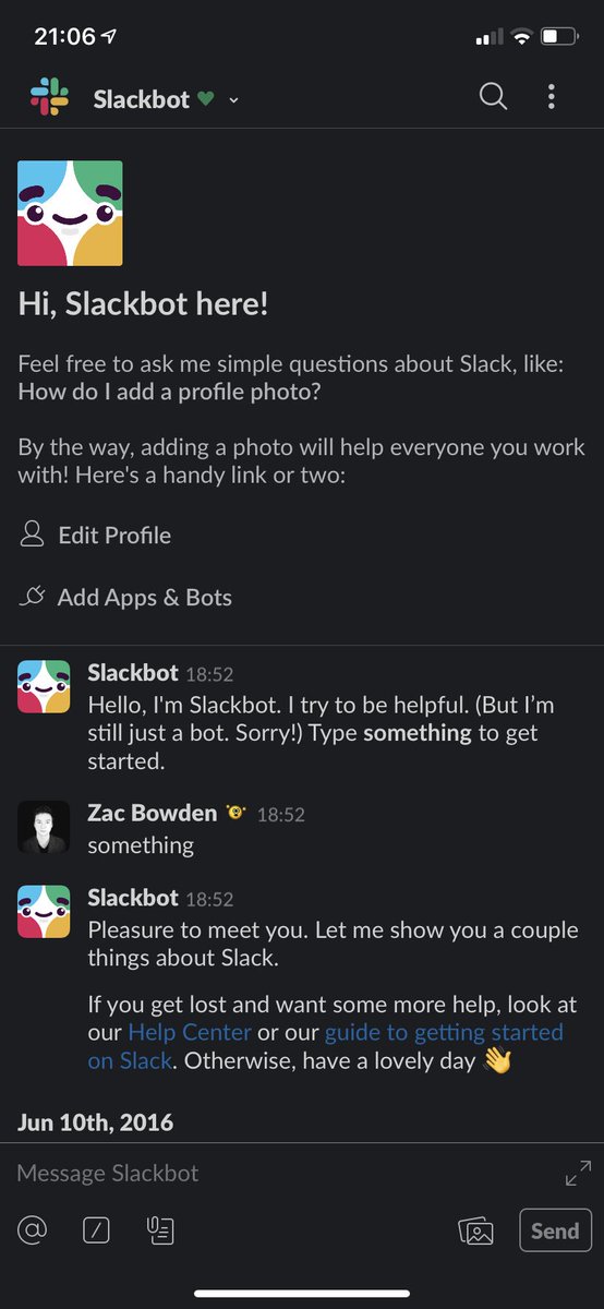 zacbowden's tweet image. Dark mode for Slack, finally. Now all we need is dark mode for desktop and we're set!