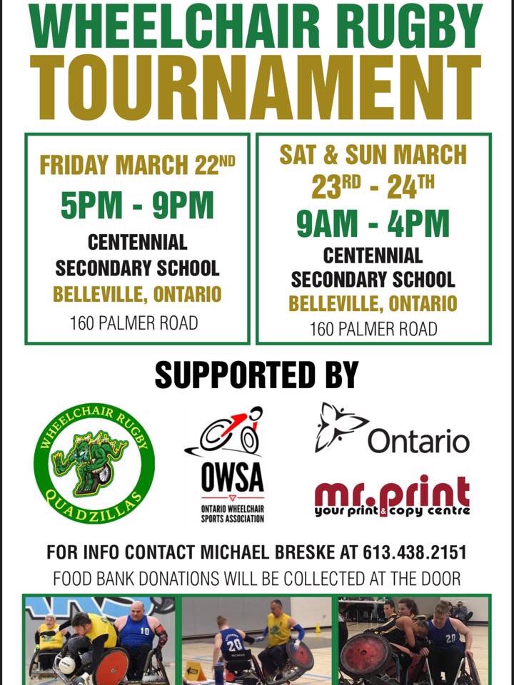 QuinteAdapt's tweet photo. Wheelchair rugby tourney coming up! You need to check it out! 😃🏉 #wheelchairrugby #Quinte #Belleville #OWSA @WSA_Ontario https://t.co/7yxp2rdVdS