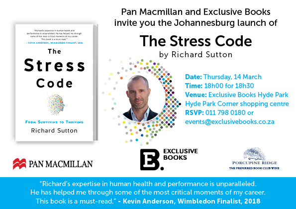 PanMacmillanSA's tweet photo. "Richard's expertise in human health and performance is unparalleled. He has helped me through some of the most critical moments of my career. This book is a must-read." - @KAndersonATP, @Wimbledon 2018 Finalist
Join us for the launch of Richard Sutton's #TheStressCode. https://t.co/Z3MPJWbOjn
