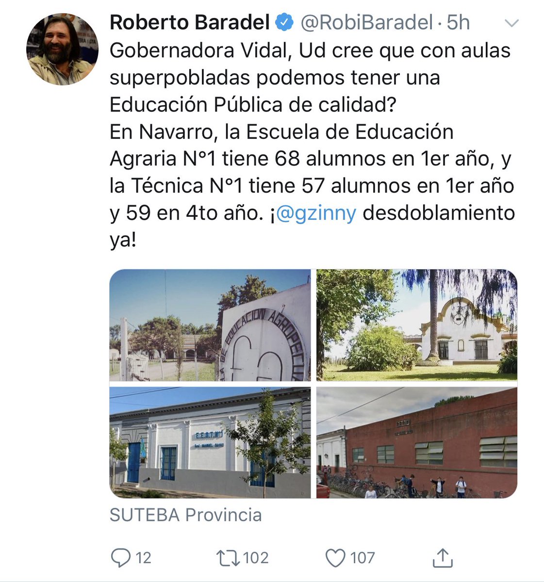 <a href="/RobiBaradel/">Roberto Baradel</a> te informaron mal, en la EEST 1 de Navarro para 1er año hay 3 comisiones de 34 inscriptos en cada una. Y el 4to. se desdobló en 2018, también el taller de 6to. En Agraria hay 60 inscriptos y el desdoblamiento ya se gestionó. La próxima preguntános ...