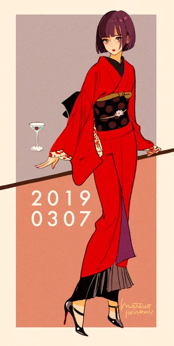 7日に雅星本店https://t.co/jn1HZrmBfYさんが開催されている「ホシノイチ」にお邪魔したんですが、最高にかっこよくて麗しい店員さんがおられた!という絵です。ちょっと勝手にアレンジして描いてるんですが、赤の着物と黒い帯、黒い裾除け、という赤黒コーデにピンヒール。ボブも麗しかった…! 