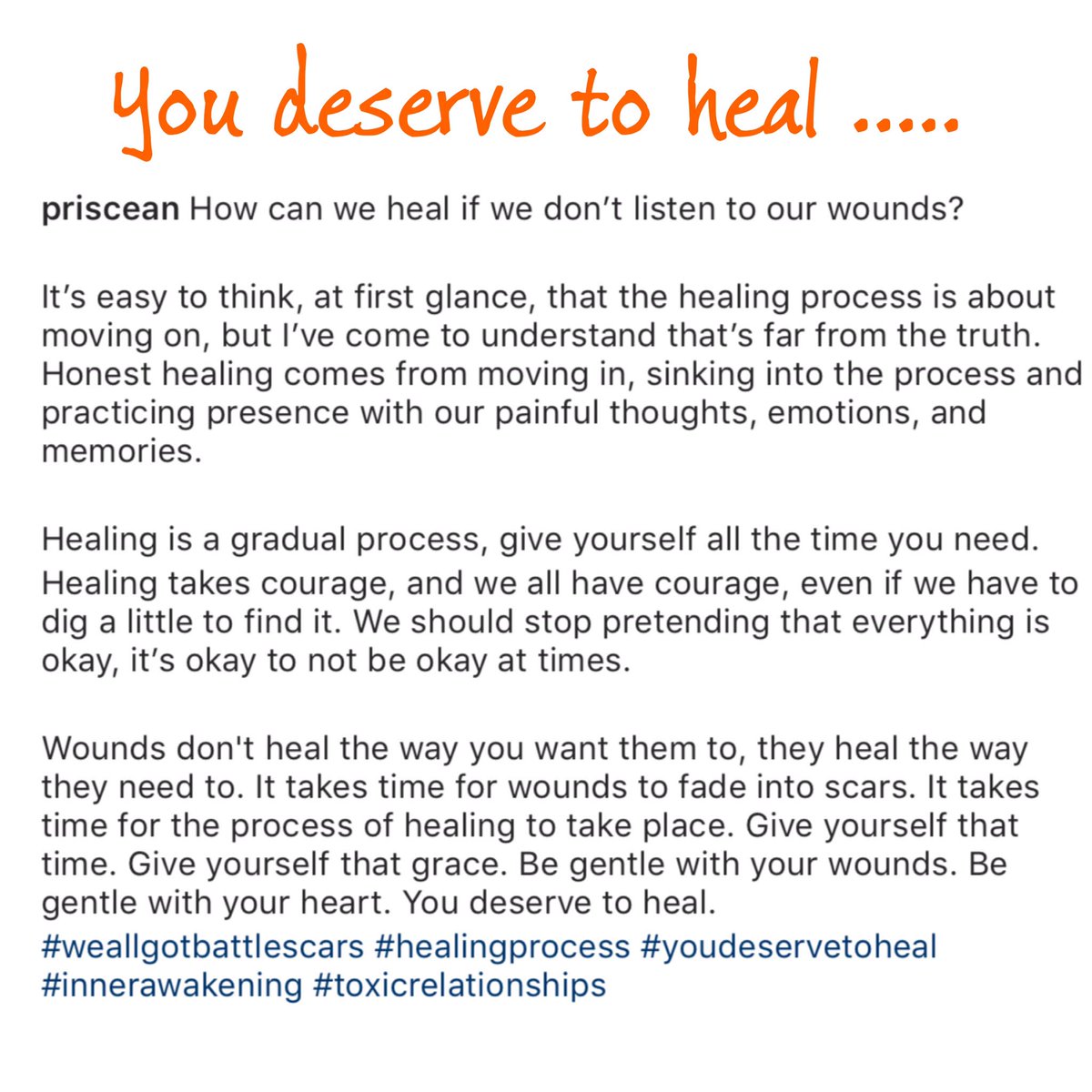 priscean's tweet image. You deserve to heal .... 
Wounds don’t heal the way you want them to, they heal the way they need to.
#begentletoyourheart #flauntyourscars #healingprocess