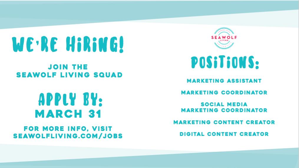 seawolfliving's tweet photo. ✨𝙒𝙀 𝘼𝙍𝙀 𝙃𝙄𝙍𝙄𝙉𝙂✨
We can't wait to add to our #SLSquad
- Marketing Assistant
- Marketing Coordinator
- Social Media Marketing Coordinator
- Marketing Content Creator
- Digital Content Creator
Apply by March 31: https://t.co/hljUoRlQhk https://t.co/bTh8kLOz8W