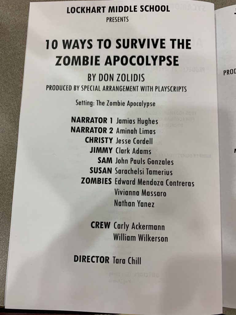 Lockhart_JH's tweet photo. @PrincipalLDavis is SO EXCITED to watch our Theatre Lions perform “10 WAYS TO SURVIVE THE ZOMBIE APOCALYPSE” at the 1st annual Dripping Springs ISD Tiger Invitational Middle One Act Play Festival! #LJHProud #LockartLeading https://t.co/MCRVlEKAdo