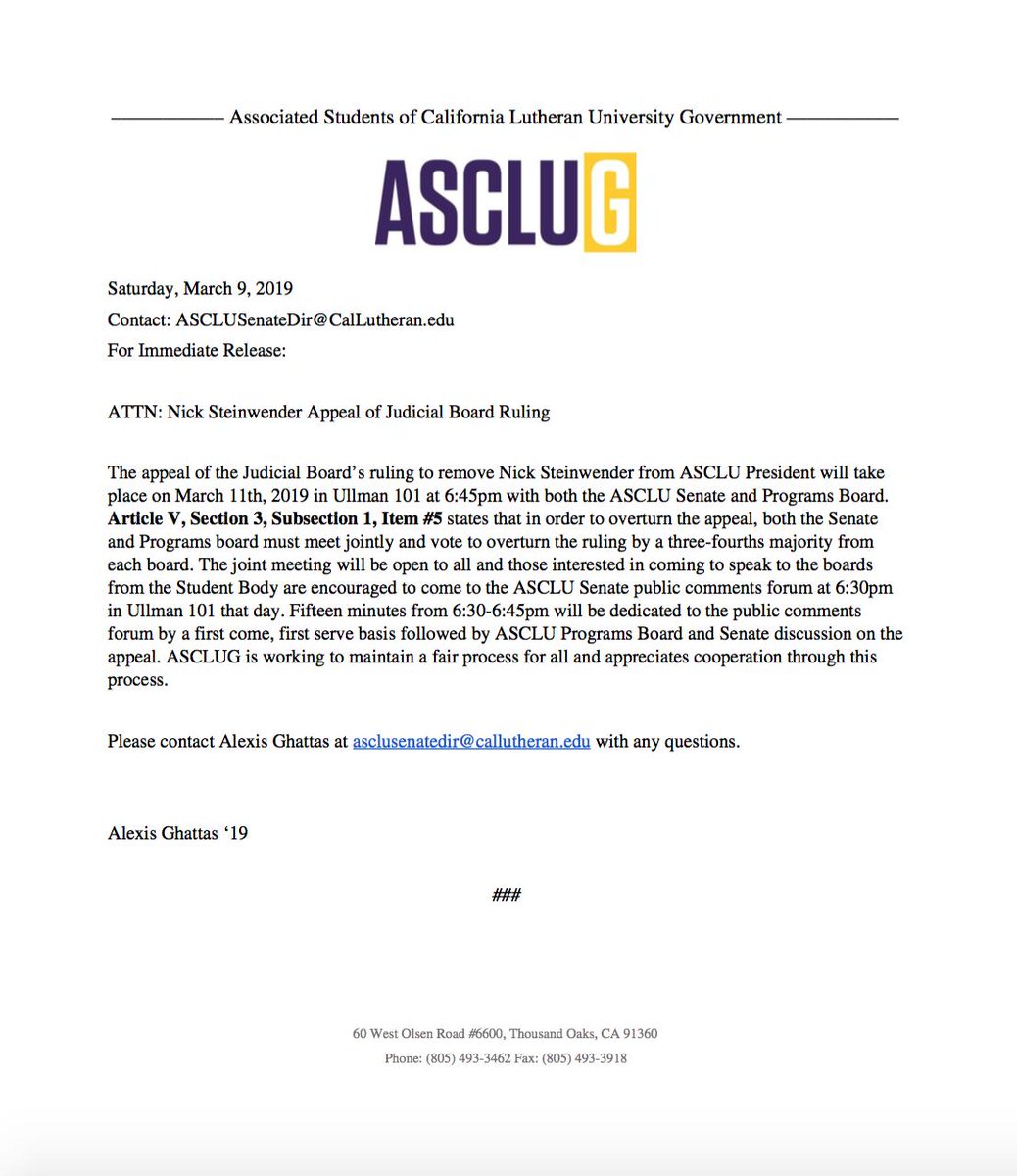 Press Release regarding former ASCLU President Nick Steinwender's Appeal of the Judicial Board's ruling to remove him from office: