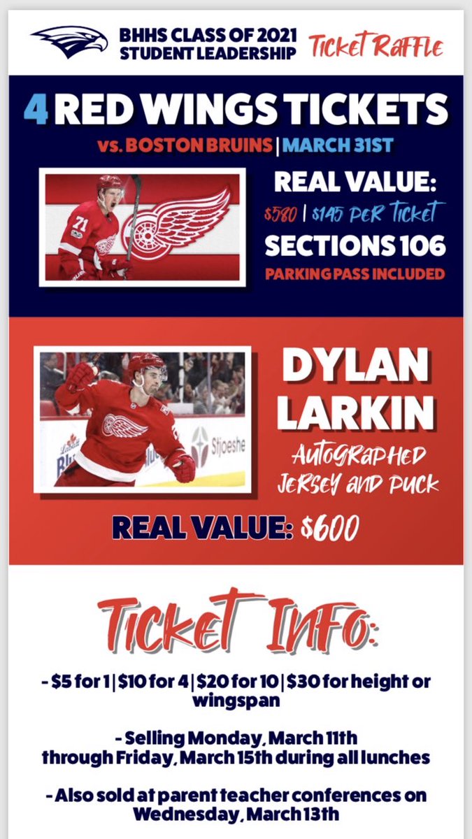 Monday, March 11th thru Friday, March 15th enter in the raffle to win 4 red wings tickets🏒🏒AND an autographed jersey and puck by Larkin!!🐙All parents can enter during conferences on Wednesday!!