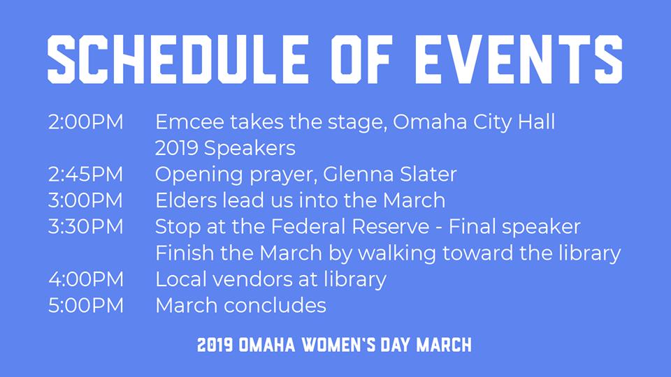 OMAWomensMarch's tweet photo. 2019 Omaha Women's Day March Schedule & Speaker Lineup! #OWDM2019 #OmahaWomensDayMarch #EmpowerUpliftProtect #MarchadelDiadeLasMujeres #WearRed https://t.co/jTyTnstAKo