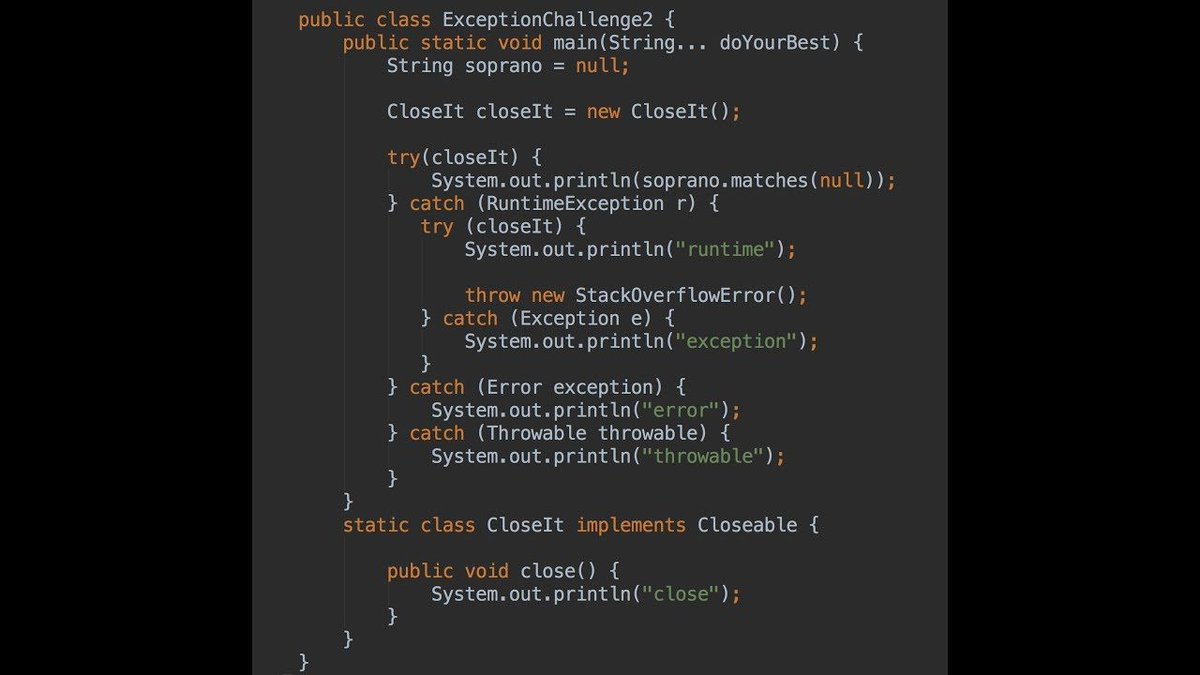 RafaDelNero's tweet image. The new #JavaChallengeVideo was just launched! Can you get this one right? It's about #Exceptions!
#JavaChallengesVideos
Improve your @Java skills:
youtube.com/watch?v=Kq_ohy…