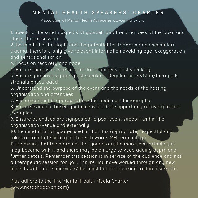 AMHA_UK's tweet image. Guidelines around public speaking on mental health / mental ill health, thoughts based on conversations with those we’ve trusted as experts and our own experiences of speaking on this #publicspeaking #mentalhealth #mentalhealthfirstaid #suicideprevention #mhmediacharter