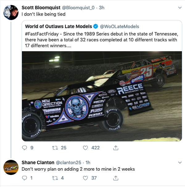 WoOLateModels's tweet photo. Looks like we have a disagreement here... let's poll the fans.

RT for @Bloomquist_0, like for @clanton25.

Can either of these former #WoOLMS champs pickup a win in Tennessee? Watch this battle unfold in just TWO WEEKS @DRRPLLC and @smokymtnspeed, live on @dirtvision! https://t.co/ny5j4sNuEb