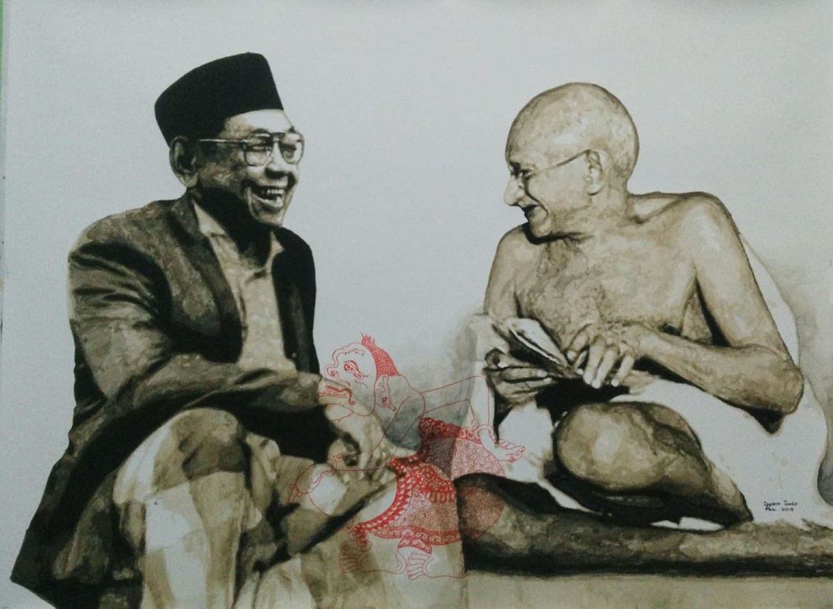 Gus Dur dan Mahatma Gadhi, dilukis oleh Djoko Susilo, akan dipamerkan di Bulgaria. Gus Dur adl Bpk Pluralisme Indonesia. Mahatma Gandhi pernah bilang, "Semua manusia nenyembah Tuhan, hanya jalannya saja yang ber-beda2". Toleransi, menurut keduanya, adl kunci kedamaian dlm hidup.