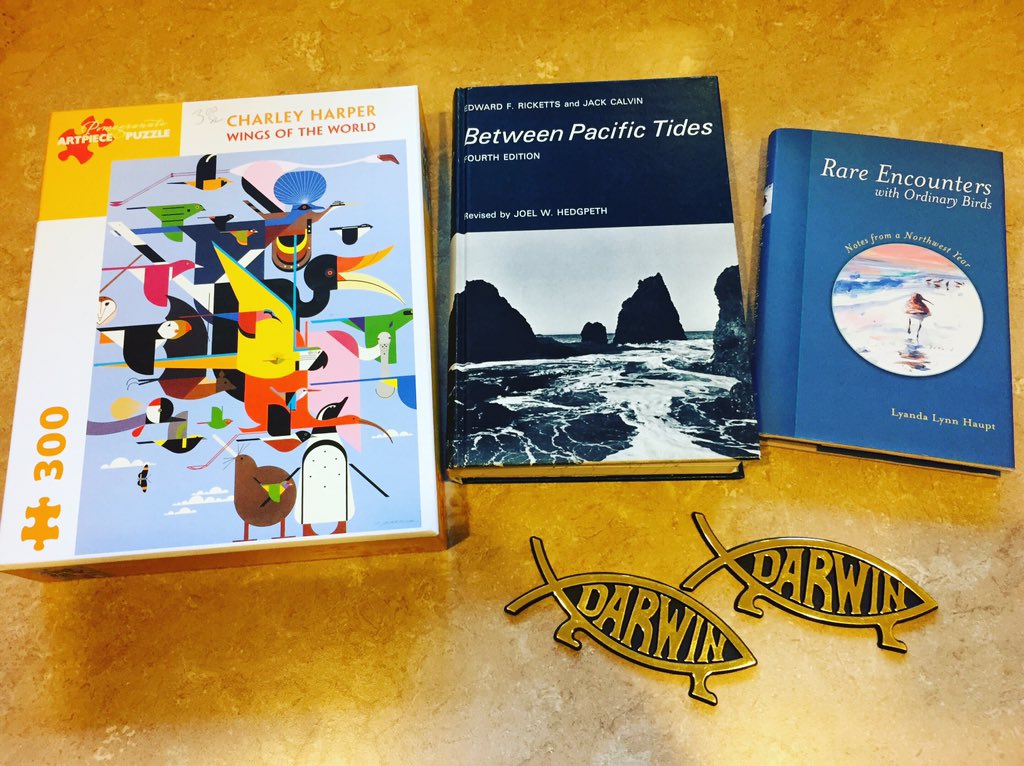 darwinsbulldog's tweet photo. My take from a used #naturebooks sale today at @PortlandAudubon: a #CharleyHarper bird puzzle; an older book on PNW coastal natural history; a bird book by @LyandaHaupt; and, randomly, two #DarwinFish car plaques. One other book, The Heyday of Natural History not pictured. #books https://t.co/cHMDWAeXdS