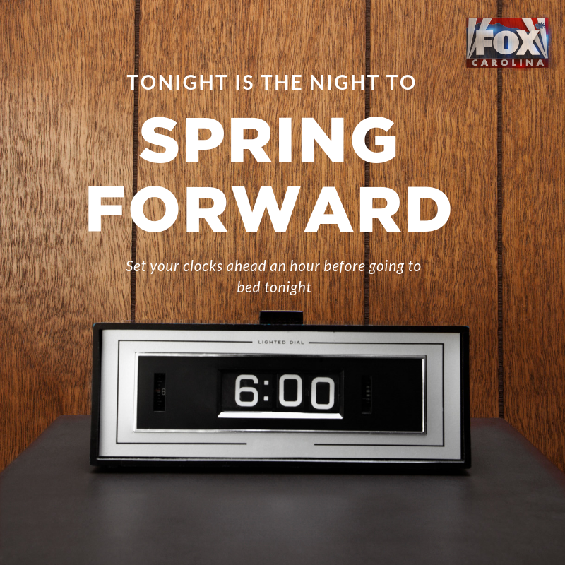 foxcarolinanews's tweet photo. Don't forget. We #SpringForward tonight. #CheckYourClocks https://t.co/gzNNJjQDLI