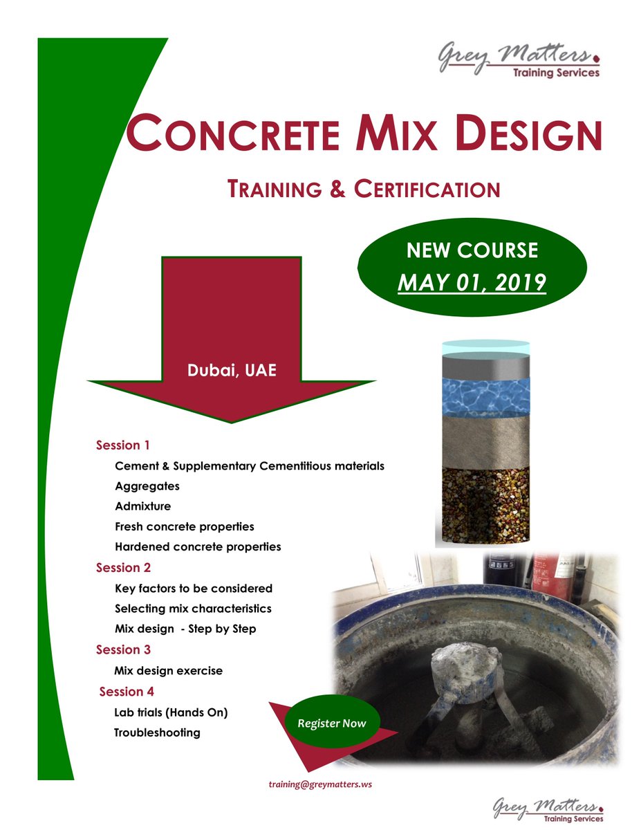 GreyMatters_ME's tweet image. Register Now. Concrete Mix Design Training Program. Dubai, UAE - May 01, 2019.  #concrete #concretemixdesign #training #dubai #uae #getcertified #greymatterstrainingservices #registernow