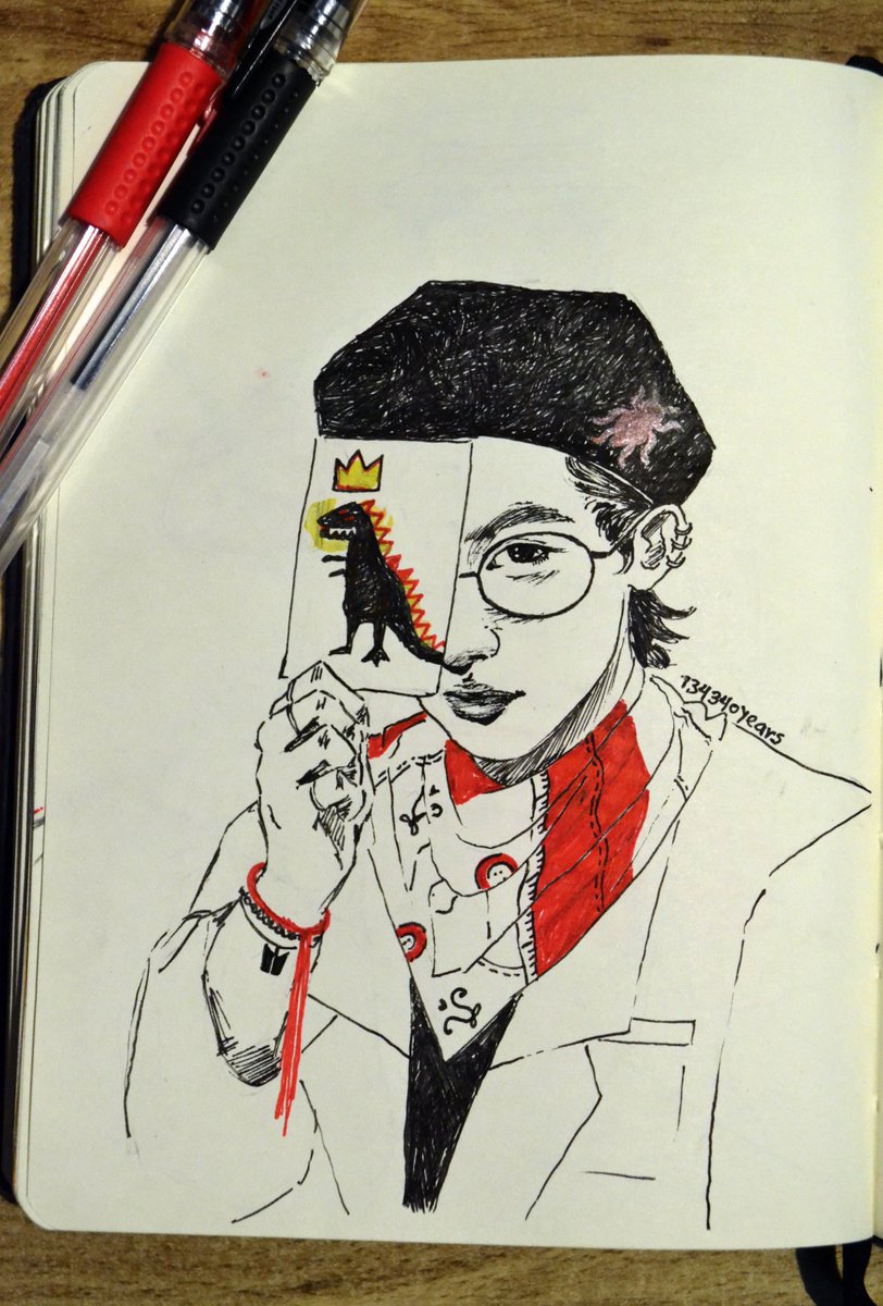 20190309 / day 68Found some pens and wanted to do something with them, so the next 6 drawings might be in pen idk haha but i love love love this picture of Tae and i love Basquiat so it had to be done!  @BTS_twt