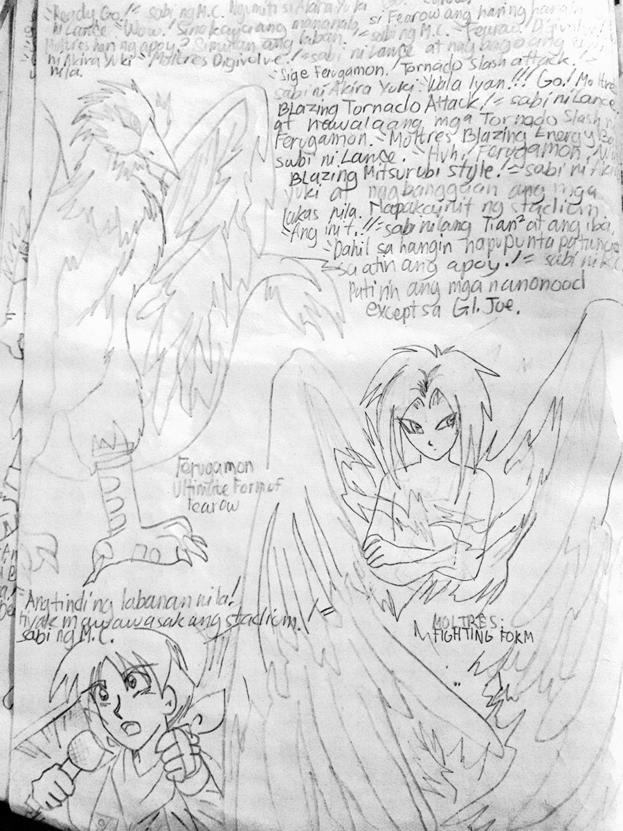 Even long ago, my fan-stories were still strange.
It's about pokemon trainer teams battling other international trainers in tournaments... where the pokemon digivolves. Haha
I found one of my old drawing pads containing it.